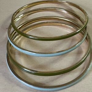 J Crew set of 4 olive green and robin blue w/gold tone trim enameled bangles